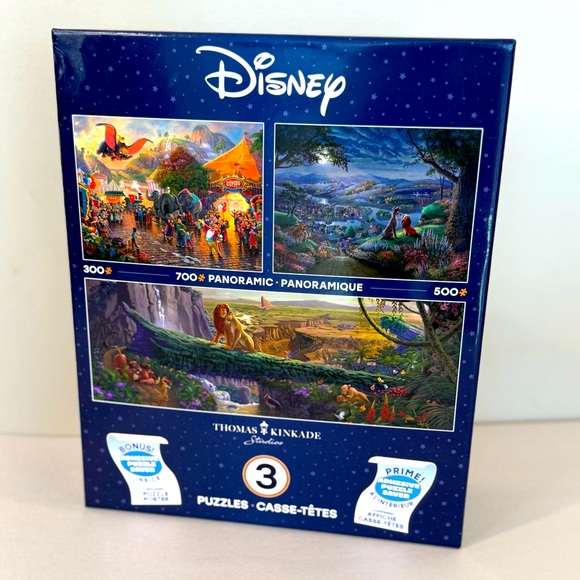 New! Thomas Kinkade Disney set of 3 Puzzles: Dumbo, Lion King, Lady & the Tramp - Picture 1 of 6